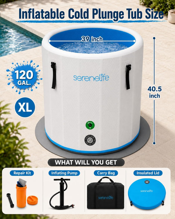 XL Ice Bath Tub for Athletes, 120 Gallon Inflatable Cold Plunge Tub, 40.5" X 39" Vertical Cylinder, Water Chiller Compatible, Insulated Lid, Drop Stitch PVC, Indoor Outdoor Cold Water Bath
