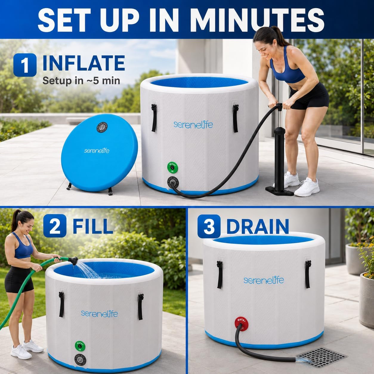 XL Ice Bath Tub for Athletes, 120 Gallon Inflatable Cold Plunge Tub, 40.5" X 39" Vertical Cylinder, Water Chiller Compatible, Insulated Lid, Drop Stitch PVC, Indoor Outdoor Cold Water Bath