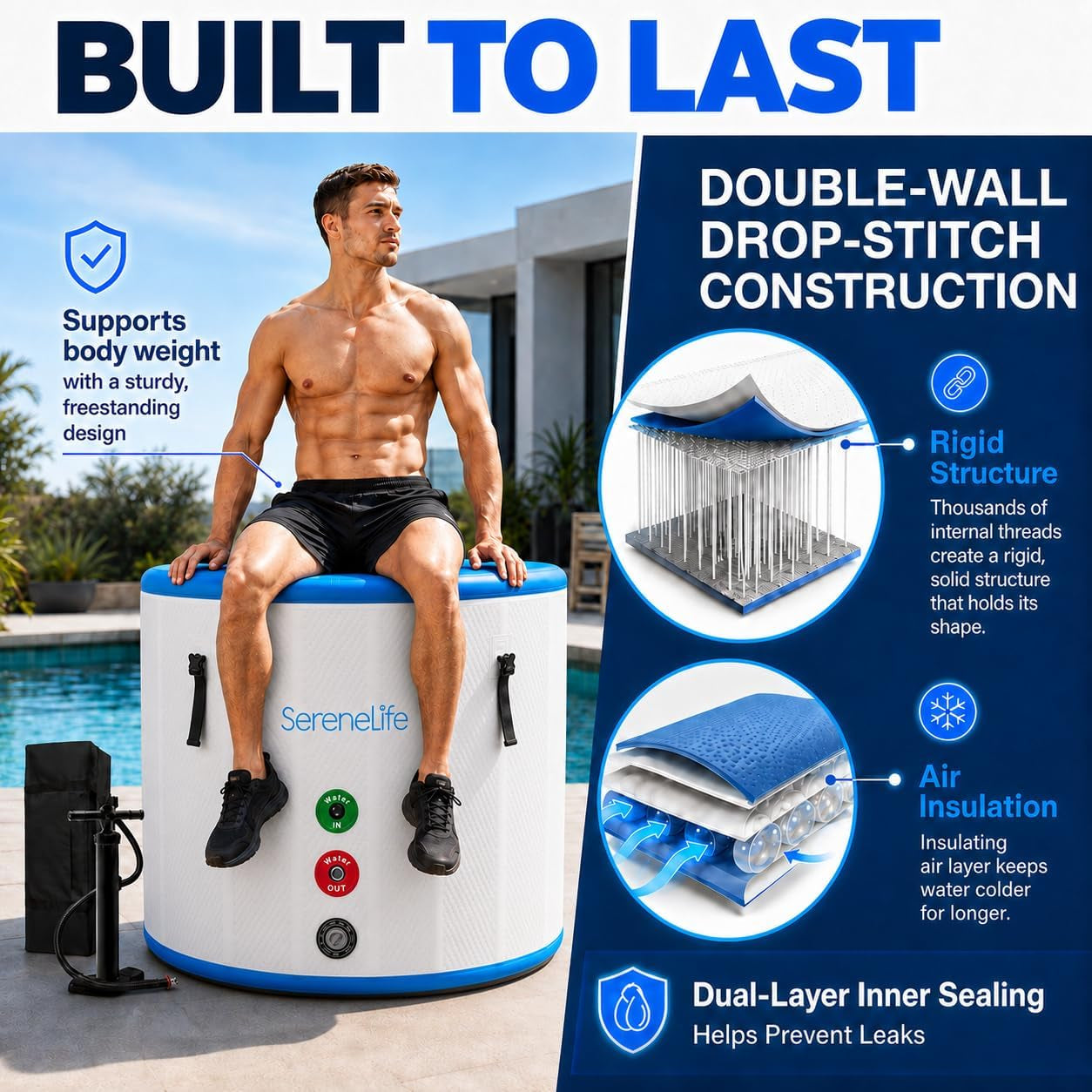 XL Ice Bath Tub for Athletes, 120 Gallon Inflatable Cold Plunge Tub, 40.5" X 39" Vertical Cylinder, Water Chiller Compatible, Insulated Lid, Drop Stitch PVC, Indoor Outdoor Cold Water Bath
